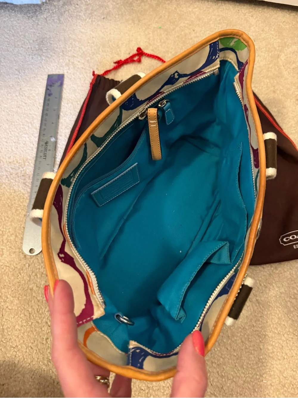 Coach Multicolor Canvas Tote with Teal Straps